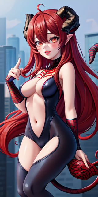 girl, teen, woman, red hair, very red hair, long hair, lips, boobs, medium boobs, human ears, horns, large horns, goat horns, symmetrical horns, spiral horns, two horns, gray horns, demon girl, solo, front, cute, sexy, demon tail, one tail, spiderman, spiderman style, spidergirl