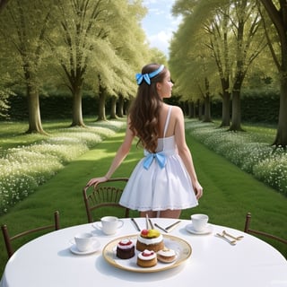 (alice in wonderland), baroque, cute, colorful fantastic, outdoors (forest), (depth of field: 1.25), (alone), (1 girl), ((golden hair)), ([messy] long hair), (hairband with bow), blue eyes, bow, maid dress (blue+white), white pantyhose, (dramatic angle: 1.2), looking to side, books, clock, teapot, [plate], coffee cup, floating, lily (flower),(dessert:1.2),flower meadows, (ultra-detailed:1.2),(illustration:1.25), ,AndreRin00