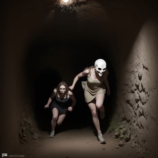 horror art, dread, Best quality, masterpiece, ultra high res, (photorealistic:1.4), Action shot of terrifying ghost chasing after the viewer, dynamic running, in a decrepit underground tunnel in Hell, creepy, white dress, unnerving, unsettling, ((terrifying)), 80mm, horror lighting, dynamic action,aledovec102