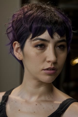 very detailed photo of a woman, general detail, skin detail, female focus, hair detail, short hair, violet hair