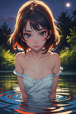  summer camp, wading in shallow pond, (masterpiece, best quality, extremely detailed, perfect face, perfect body:1.2), naked:1.4, , (closeup on upper body:1.3), moonlight, ,LuiLopv14