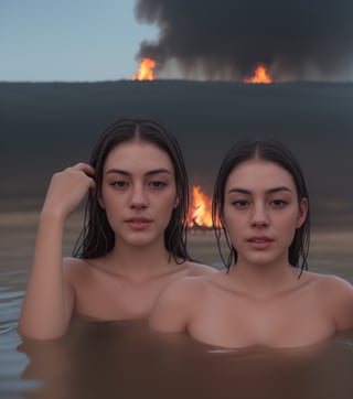 (very detailed), (realistic), (photography), a dirty wet woman with messy hair, camera up, dramatic scene, ((a woman in a burning field with a fire at the bottom of the water)), skin and hair, high skin detail, 4k, film, cinematic, ((MagicPerez))