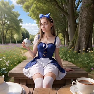 (alice in wonderland), baroque, cute, colorful fantastic, outdoors (forest), (depth of field: 1.25), (alone), (1 girl), ((golden hair)), ([messy] long hair), (hairband with bow), blue eyes, bow, maid dress (blue+white), white pantyhose, (dramatic angle: 1.2), looking to side, books, clock, teapot, [plate], coffee cup, floating, lily (flower),(dessert:1.2),flower meadows, (ultra-detailed:1.2),(illustration:1.25) ,MagicPerez