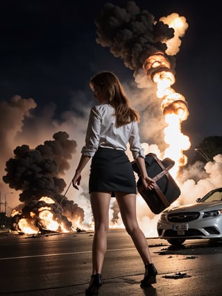 ((masterpiece)), (best quality), (cinematic), (cinematic, colorful), (extremely detailed), a movie action scene with explosions, fire, overturned cars, city scene with a lone woman (face adv102)walking away in business suit with silk shirt and pencil skirt holding a detonator, compelling, dramatic, action-packed, brilliant, aledovec102