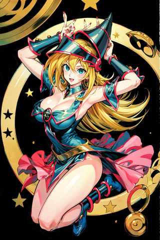 dark magician girl, masterpiece, best quality, 1girl, blonde hair, blue footwear, blue headwear, masterpiece, best quality, bouncing boobs, misaligned boobs, big milkers, motion blur, jumping, arms up, happy, huge boobs, breasts, duel monster, hat, hexagram, large breasts, long hair, looking at viewer, nail polish, open mouth, pentacle, pentagram, solo, staff, wand, wizard hat, yu-gi-oh!, girl coming out of a magic magician hat,hmdmg1, blush, command spell, magic, magic circle,blush stickers, cleavage, bare shoulders,murata yuusuke,dress