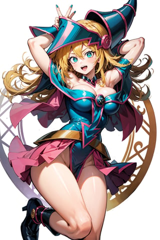 dark magician girl, masterpiece, best quality, 1girl, blonde hair, blue footwear, blue headwear, masterpiece, best quality, bouncing boobs, misaligned boobs, big milkers, motion blur, jumping, arms up, happy, huge boobs, breasts, duel monster, hat, hexagram, large breasts, long hair, looking at viewer, nail polish, open mouth, pentacle, pentagram, solo, staff, wand, wizard hat, yu-gi-oh!, girl coming out of a magic magician hat,hmdmg1, blush, command spell, magic, magic circle,blush stickers, cleavage, bare shoulders