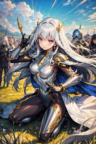 absurdres, highres, ultra detailed,Insane detail in face, ((girl:1.3)), Gold Saint, Saint Seiya Style, Gold Armor, Full body armor, no helmet, Zodiac Knights, Grey hair, fighting pose, Pokemon Gotcha Style, gold gloves, long hair, white long cape, messy_hair, Gold eyes, black pants under armor, full body armor, beautiful old greek temple in the background, beautiful fields, insane detail full leg armor, god aura, sagittarius armor, Elysium fields, ready for battle,FUJI,midjourney, insane detail in armor, ,Film(/FUJI/), (army, crowd of soldiers) swords
