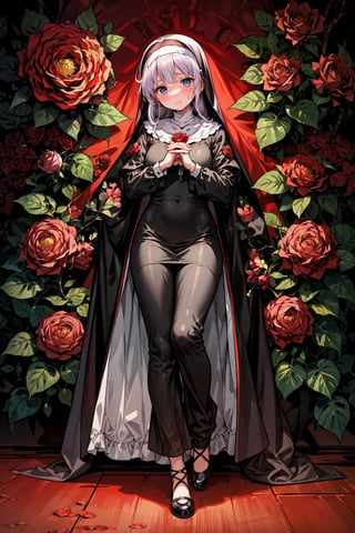 masterpiece, {{illustration}} 1 girl, full body, serene face, calm, black nun's dress, headband of red roses, poisonous roses, praying, inherited by thorny brambles, in front of rose bushes with red roses, scarlet dragon in the background in the middle of a forest. (sweaty:1.1),,
