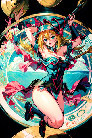 dark magician girl, masterpiece, best quality, 1girl, blonde hair, blue footwear, blue headwear, masterpiece, best quality, bouncing boobs, misaligned boobs, big milkers, motion blur, jumping, arms up, happy, huge boobs, breasts, duel monster, hat, hexagram, large breasts, long hair, looking at viewer, nail polish, open mouth, pentacle, pentagram, solo, staff, wand, wizard hat, yu-gi-oh!, girl coming out of a magic magician hat,hmdmg1, blush, command spell, magic, magic circle,blush stickers, cleavage, bare shoulders,murata yuusuke,dress, off shoulder