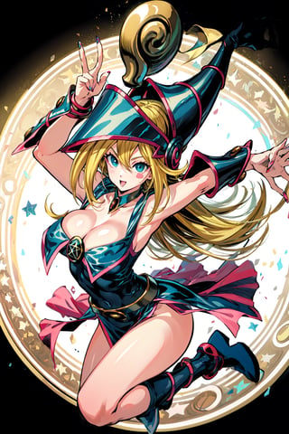 dark magician girl, masterpiece, best quality, 1girl, blonde hair, blue footwear, blue headwear, masterpiece, best quality, bouncing boobs, misaligned boobs, big milkers, motion blur, jumping, arms up, happy, huge boobs, breasts, duel monster, hat, hexagram, large breasts, long hair, looking at viewer, nail polish, open mouth, pentacle, pentagram, solo, staff, wand, wizard hat, yu-gi-oh!, girl coming out of a magic magician hat,hmdmg1, blush, command spell, magic, magic circle,blush stickers, cleavage, bare shoulders,murata yuusuke,dress