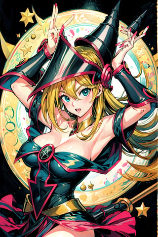 dark magician girl, masterpiece, best quality, 1girl, blonde hair, blue footwear, blue headwear, masterpiece, best quality, bouncing boobs, misaligned boobs, big milkers, motion blur, jumping, arms up, happy, huge boobs, breasts, duel monster, hat, hexagram, large breasts, long hair, looking at viewer, nail polish, open mouth, pentacle, pentagram, solo, staff, wand, wizard hat, yu-gi-oh!, girl coming out of a magic magician hat,hmdmg1, blush, command spell, magic, magic circle,blush stickers, cleavage, bare shoulders,murata yuusuke,dress