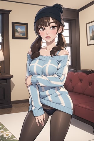 ((masterpiece, best quality, adult female )), 1girl, solo, long hair, breasts, looking at viewer, brown hair, shirt, long sleeves, hat, twintails, brown eyes, underwear, standing, panties, pantyhose, thighs, striped, indoors, off shoulder, lips, sleeves past wrists, black pantyhose, black panties, v, couch, panties under pantyhose, striped shirt, realistic, double v, beanie, striped sweater