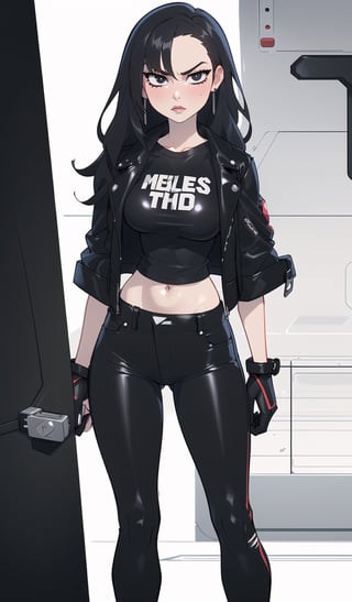 ((Best quality, masterpiec)), solo, 1girl , black wavy hair, long hair, pale skin, serious, ( black leather jacket, black T-shirt,  black pants), medium breasts, wide hip, wide waists,  (mature female:1.3), Balsamique,SAM YANG, beautiful,Cartoon,