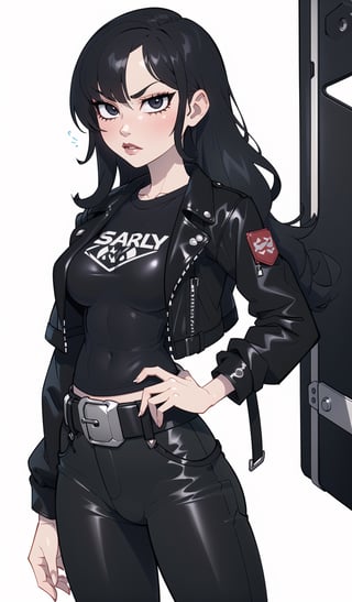 ((Best quality, masterpiec)), solo, 1girl , black wavy hair, long hair, pale skin, serious, ( black leather jacket, black T-shirt, belt, black pants), medium breasts, wide hip, wide waists,  (mature female:1.3), Balsamique,SAM YANG, beautiful,Cartoon,