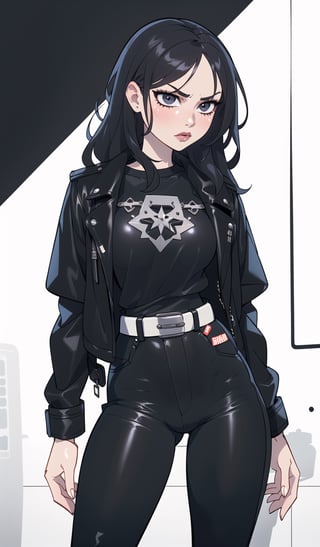 ((Best quality, masterpiec)), solo, 1girl , black wavy hair, long hair, pale skin, serious, ( black leather jacket, black T-shirt, belt, black pants), medium breasts, wide hip, wide waists,  (mature female:1.3), Balsamique,SAM YANG, beautiful,Cartoon,