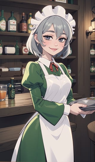 ((Best quality, masterpiec)),  syr flova, grey hair, maid headdress, green dress, apron, smile, happy, closed mouth, holding tray, bar, tavern, (mature female:1.3), Balsamique,SAM YANG, beautiful,Cartoon,syr flova