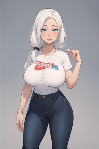 ((Best quality, masterpiec)), solo, 1girl   , big lips,  white hair, long hair, blue eyes, slope shirt, jeans, big breasts, standing,  (mature female:1.7), Balsamique, beautiful, basic_background,High detailed ,milfication,Cartoon