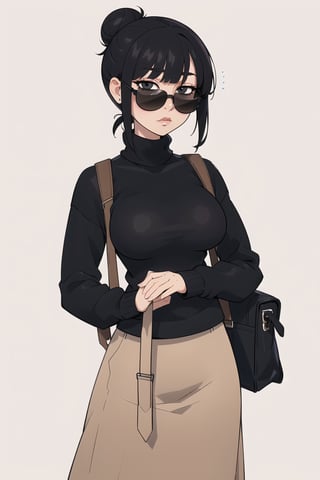 ((Best quality,  masterpiec)),  mature female:1.5,  solo,  1female,  black hair,  bun, long bangs,  sunglasses, eexpressionles,  black sweater, very long beige skirt, bag,  medium breasts,  looking at viewer,  milfication, simple_background