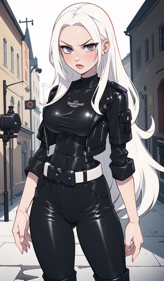 ((Best quality, masterpiec)), solo, 1girl , black wavy hair, long hair, pale skin, serious, ( black leather jacket, black T-shirt, belt, black pants), medium breasts, wide hip, wide waists,  (mature female:1.3), Balsamique,SAM YANG, beautiful,Cartoon,Edelgard von Hresvelg