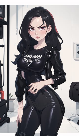 ((Best quality, masterpiec)), solo, 1girl , black wavy hair, long hair, pale skin, serious, ( black leather jacket, black T-shirt,  black pants), medium breasts, wide hip, wide waists,  (mature female:1.3), Balsamique,SAM YANG, beautiful,Cartoon,milfication