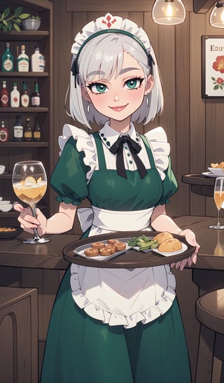 ((Best quality, masterpiec)),  syr flova, grey hair, maid headdress, green dress, apron, smile, happy, closed mouth, holding tray, bar, tavern, (mature female:1.3), Balsamique,SAM YANG, beautiful,Cartoon,