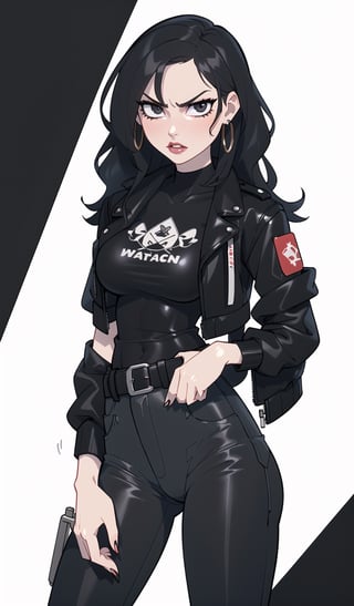 ((Best quality, masterpiec)), solo, 1girl , (black wavy hair, long hair, pale skin, serious,  black leather jacket, black T-shirt, belt, black pants), medium breasts, wide hip, wide waists,  (mature female:1.3), Balsamique,SAM YANG, beautiful,Cartoon,