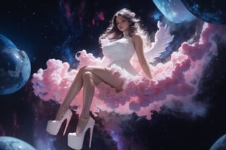 A full body photo of a beautiful and angelic 21 year old goddess with huge breasts with lots of beautiful detailed (galaxies) and (nebulas), dynamic pose, tender, wearing 
(embedding:fakelips7-2500:1.05) platform high heels, 