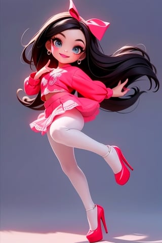 masterpiece, best quality, detailed face, a cute girl smiling, wearing skirt and crop lace shirt, black hair, red smokey eyes makeup, hair ribbon, white tights, red pumps, dramatic magic floating pose, (full body),wearing high heels
