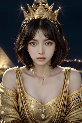 Cleopatra Queen of the Kingdom of Egypt, magical realism, bob haircut, short hair, ((large gold crown with diamonds placed on head, gold necklace on neck)), gold clothing, deataild, hyperrealism, (night:1.5), pyramids in background
,Detailedface