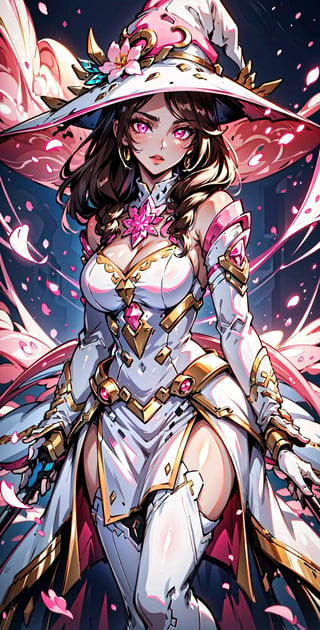 masterpiece, best quality, illustration, full body facing viewer, a beautiful witch casting a spell with planets around her, ornate white pink and gold wizard clothes, white and pink wizard hat with pink jewels, elegant, detailed celestial environment, luminous mushrooms,  (dynamic lighting:1.2), cinematic lighting, delicate elegant facial features, detailed eyes, pink eyes, long brunette hair, realistic pupils, depth of field, sharp focus, (hyper-detailed, bloom, glow:1.4), brown hair, full lips, bright pink eyes, mystical atmosphere, kind face, sexy,Science Fiction
