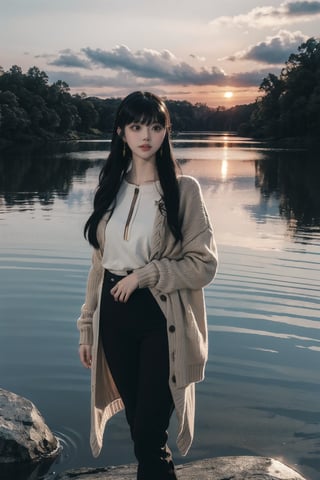 1girl, (masterpice), best quality, high quality, high detail, perfect body, beautiful body, long hair, white bincha, earrings, jewerly, ((black pants)), black nails, red sweater, nature, water, lake, beautiful, sunset, 