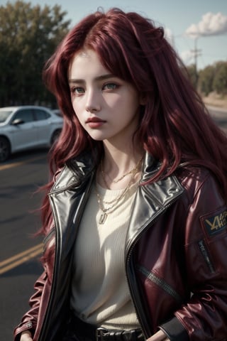 High quality, 1girl, masterpiece, masterpiece, exquisite facial features, exquisite hair, exquisite eyes, red maroon colored hair, 4K quality, gorgeous light and shadow, Tyndall effect, halo, messy hair, young state, gorgeous scenes, jacket bike clothes, chains, feathers, ride motorbike,Detailedface