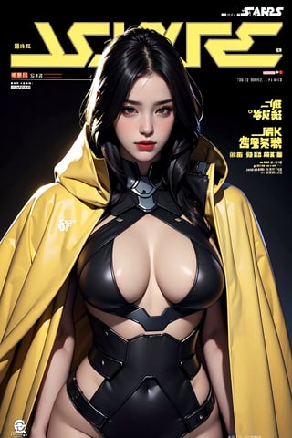 masterpiece, realistic, bust portrait, black background, 1girl, cyberpunk armor:1.3, black hair,bikini, bbw, voloptuous, pale skin, Star Wars, (cape), magazine cover, yellow title text,weiboZH