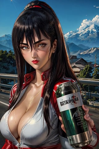 Terayama Reiko, alone, holding a beer bottle, standing near a motorcycle, looking at the viewer, highway, mountains, black hair, long hair, hair between the eyes, lipstick, makeup, black eyeshadow, detailed hair, detailed face, brown eyes, perfect eyes, perfect face, red bodysuit, biker clothes, sweat, large breasts, cleavage. (8k high-resolution CG wallpaper), (masterpiece), (best quality), (ultra-detailed), (finest illustration), (exquisite shading), (extremely delicate and beautiful), intricate details, (glitter), beautiful and detailed eyes, waifu, anime, outstanding aesthetics, top-notch quality, masterpiece, exceptionally detailed, perfectly detailed face.,terayama reiko,ReikoTerayama,character