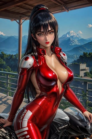 Terayama Reiko, alone, holding a beer bottle, standing near a motorcycle, looking at the viewer, highway, mountains, black hair, long hair, hair between the eyes, lipstick, makeup, black eyeshadow, detailed hair, detailed face, brown eyes, perfect eyes, perfect face, red bodysuit, biker clothes, sweat, large breasts, cleavage. (8k high-resolution CG wallpaper), (masterpiece), (best quality), (ultra-detailed), (finest illustration), (exquisite shading), (extremely delicate and beautiful), intricate details, (glitter), beautiful and detailed eyes, waifu, anime, outstanding aesthetics, top-notch quality, masterpiece, exceptionally detailed, perfectly detailed face.,terayama reiko,ReikoTerayama,character