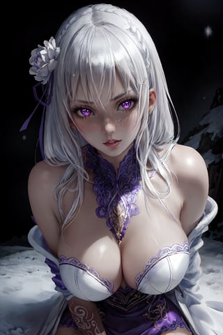  An attractive woman in the snow, with white hair and purple eyes, wearing a white coat. The woman strikes a provocative pose as she looks directly at the viewer. (8k high-resolution CG wallpaper), (masterpiece), (best quality), (ultra-detailed), (finest illustration), (exquisite shading), (extremely delicate and beautiful), intricate details, (glitter), beautiful and detailed eyes, waifu, anime, outstanding aesthetics, top-notch quality, masterpiece, exceptionally detailed, perfectly detailed face.