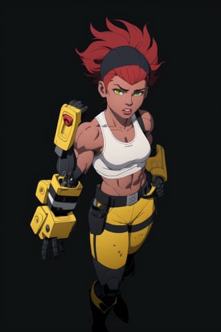 black skin girl, ebony girl, black woman, mechanical woman, red hair, white tank top, yellow work pants, black boots, green eyes, mechanical right arm, right robotic arm, white muscle, fitness girl, short hair back, muscle woman, waist bag, wide back, wide hip, Dirty clothes
