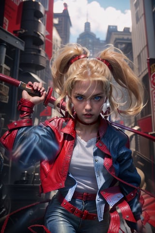 1 girl, blonde hair, two pigtails, blue eyes,(red leather jacket:1.4), (white t-shirt:1.4), (blue jeans:1.4), solo,katana in hand, (medium_shot:1.4),(masterpiece:1.4(bestquality:1.4),extremely_beautiful_detailed_anime_face_and_eyes,an extremely delicate and beautiful,photorealistic