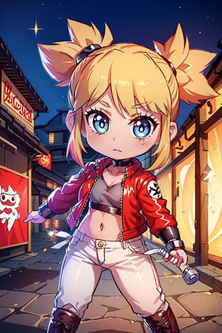 1 girl, blonde hair, two pigtails, blue eyes,red leather jacket, white t-shirt, jeans, black boots, solo, (medium_shot:1.4),(masterpiece:1.4(bestquality:1.4),extremely_beautiful_detailed_anime_face_and_eyes,an extremely delicate and beautiful,super_deformed,nas,ninja