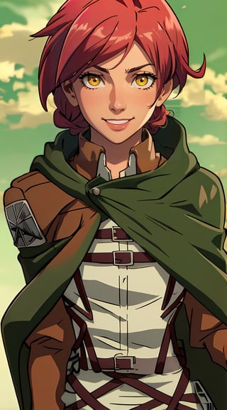 (1 girl), (short pink hair:1.2), (yellow eyes:1.2), black leather boots, black leather gloves, smiling,braids,make up, (green scouts cloak:1.2), (standing), (upper body in frame), simple background, forest, white cloudy sky, dawn, only1 image, perfect anatomy, perfect proportions, perfect perspective, 8k, HQ, ((AttackonTitan, survey military uniform)),style,aot style