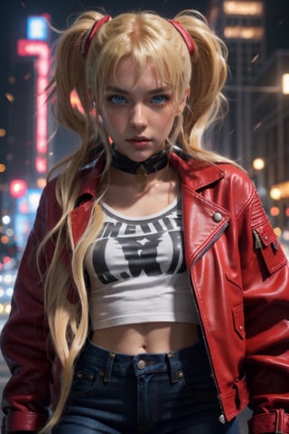 1 girl, blonde hair, two pigtails, blue eyes,red leather jacket, white t-shirt, jeans, black boots, solo, (medium_shot:1.4),(masterpiece:1.4(bestquality:1.4),extremely_beautiful_detailed_anime_face_and_eyes,an extremely delicate and beautiful,photorealistic