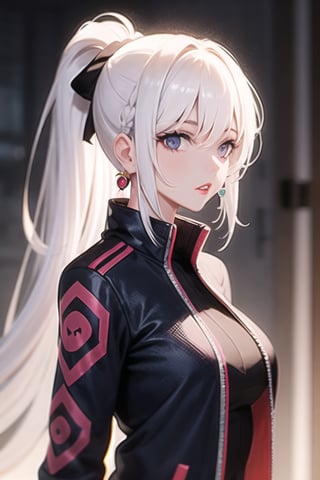 1girl, bangs, white hair, black jacket, blue eyes, blurry, blurry background, braid, breasts, earrings, from side, jacket, jewelry, long hair, looking at viewer, open clothes, open jacket, ponytail, purple eyes, solo, upper body,baiyi,[[realistic]],(shiny skin),(masterpiece:1.4),(best quality:1.4),red lips,parted lips