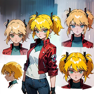 1 girl, blonde hair, two pigtails, blue eyes,red leather jacket, white t-shirt, jeans, black boots, solo, (medium_shot:1.4),(masterpiece:1.4(bestquality:1.4),(extremely_beautiful_detailed_anime_face_and_eyes:1.4),an extremely delicate and beautiful,Watercolor, Ink, epic,imple backgound character sheet, model sheet, turnaround, multiple views of the same character