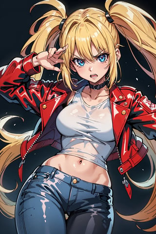 1 girl, blonde hair, two pigtails, blue eyes,red leather jacket, white t-shirt, jeans, black boots, solo, upper body,(masterpiece:1.4(bestquality:1.4),,extremely_beautiful_detailed_anime_face_and_eyes,an extremely delicate and beautiful, pose,Watercolor, Ink, epic, angry, simple background, white_background, pose visual novel,