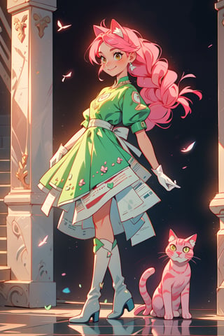 ((1 female)), full body, 3D, Portrait of the beautiful Lopadex, athletic, green lantern dress:1.2, pink hair:1.2, yellow eyes:1.2, pink cat ears:1.2, white leather boots, white leather gloves, smiling,braids,make up, beautiful girl with attention to detail, beautiful delicate eyes, detailed face, beautiful eyes, Dynamic Beautiful Pose, Natural Light, ((Real) ) Quality: 1.2 )), Dynamic Long Distance Shot, Cinematic Lighting, Perfect Composition, Super Detail, Official Art, Masterpiece, (Best Quality: 1.3), Reflection, High Resolution CG Unity 8K Wallpaper, Detailed Background, Masterpiece, (Photorealistic): 1.2), Random Angle, Side Angle, Full Body, mikdef.,SFW,1 girl,dulce,newspaper wall