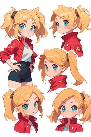 1 girl, blonde hair, (two long pigtails:1.4), blue eyes,red leather jacket, white t-shirt,solo,(masterpiece:1.4(bestquality:1.4),(extremely_beautiful_detailed_anime_face_and_eyes:1.4),an extremely delicate and beautiful,Watercolor, Ink, epic,multiple views, upper body, reference sheet:1,CharacterSheet, white background, different expresions,multiple girls,character sheet, character design, reference sheet, multiple views, turnaround,Chibi