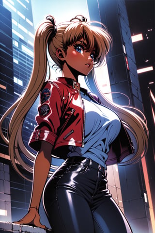 ((1 female))l, full body, blonde hair, two pigtails, blue eyes, white t-shirt, jeans, black boots,(red leather jacket:1),beautiful girl with attention to detail, beautiful delicate eyes, detailed face, beautiful eyes, Dynamic Beautiful Pose, Natural Light, ((Real) ) Quality: 1.2 )), Dynamic Long Distance Shot, Cinematic Lighting, Perfect Composition, Super Detail, Official Art, Masterpiece, (Best Quality: 1.3), Reflection, High Resolution CG Unity 8K Wallpaper, Detailed Background, Masterpiece, (Photorealistic): 1.2), Random Angle, Side Angle, ,anime,Retro