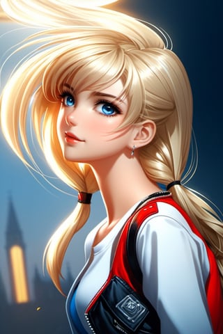 ((1 female))l, full body, blonde hair, two pigtails, blue eyes, white t-shirt, jeans, black boots,(red leather jacket:1),beautiful girl with attention to detail, beautiful delicate eyes, detailed face, beautiful eyes,Beautiful Pose, Natural Light, ((Real) ) Quality: 1.2 )), Cinematic Lighting, Perfect Composition, Super Detail, Official Art, Masterpiece, (Best Quality: 1.3), Reflection, High Resolution CG Unity 8K Wallpaper, Detailed Background, Masterpiece, (Photorealistic): 1.2),