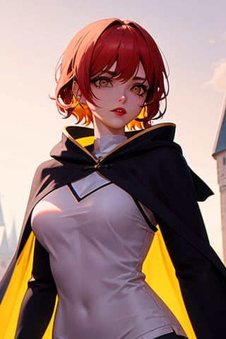 1girl, short pink hair,(mole next to lip:1),(eyebrow scar:1),(hufflepuff House Cloak),( inner cloak yellow:1), (outer cloack black:1),yellow eyes, looking at viewer, solo, upper body,(masterpiece:1.4),(best quality:1.4),red lips,parted lips, hogwarts castle:1,dramatic shadows,extremely_beautiful_detailed_anime_face_and_eyes,an extremely delicate and beautiful,dynamic angle, cinematic camera, dynamic pose,depth of field,chromatic aberration,backlighting,