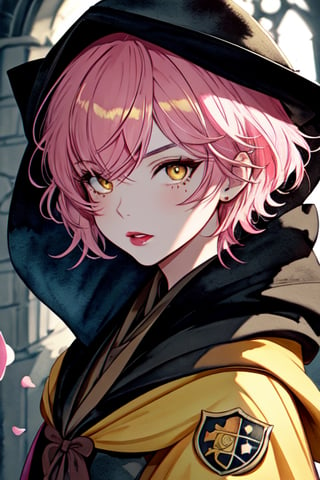 1girl, short pink hair,(mole next to lip:1),(eyebrow scar:1),(hufflepuff House Cloak),( inner cloak yellow:1), (outer cloack black:1),yellow eyes, looking at viewer, solo, upper body,(masterpiece:1.4),(best quality:1.4),red lips,parted lips, hogwarts castle:1,dramatic shadows,extremely_beautiful_detailed_anime_face_and_eyes,an extremely delicate and beautiful,dynamic angle, cinematic camera, dynamic pose,depth of field,chromatic aberration,backlighting,Watercolor, Ink,  epic, candystyle,